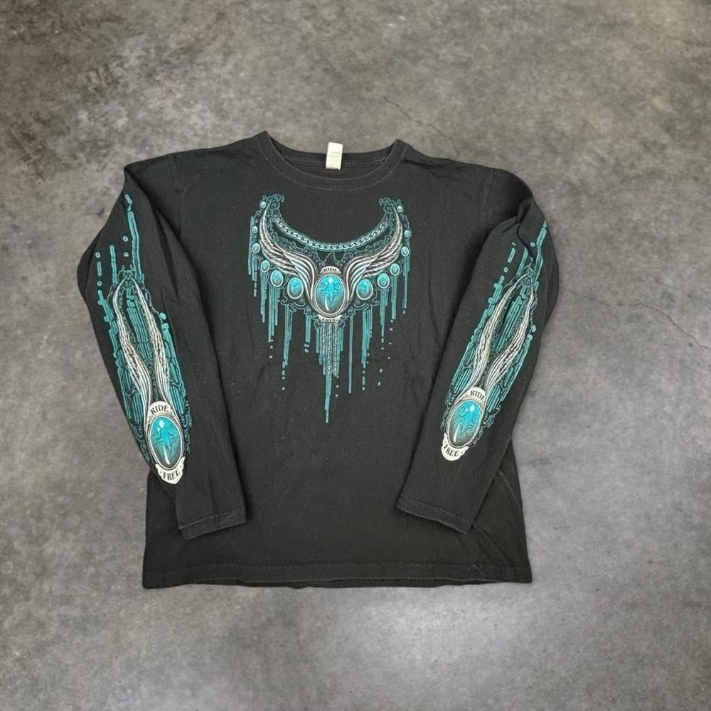 Vintage Long Sleeve Graphic Tee Black Y2K Turquoise Crown Fantasy Streetwear M